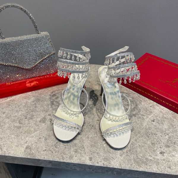 RC 25 Crystal Tassel High-Heeled Sandals Ivory Silk Crystal Diamond