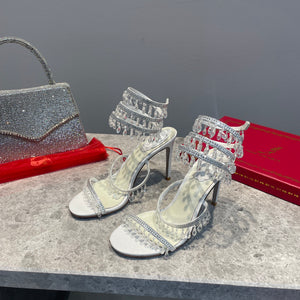 RC 25 Crystal Tassel High-Heeled Sandals Ivory Silk Crystal Diamond