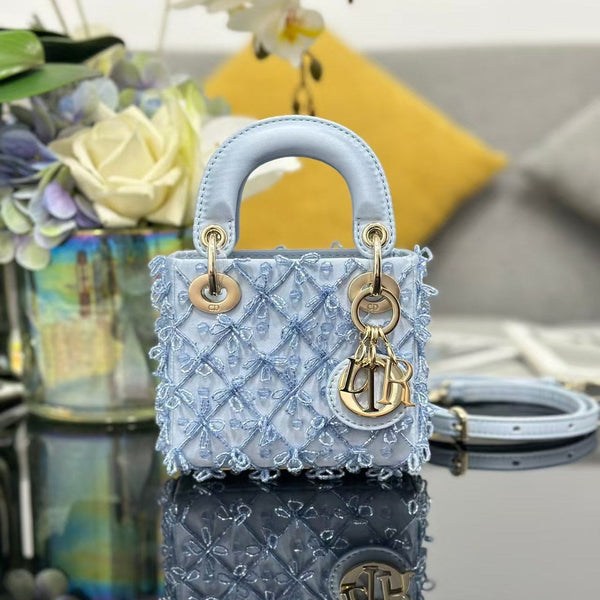 CD Mini Lady Dior 12cm Blue Beaded Embroidered Cowhide Leather GHW 158589