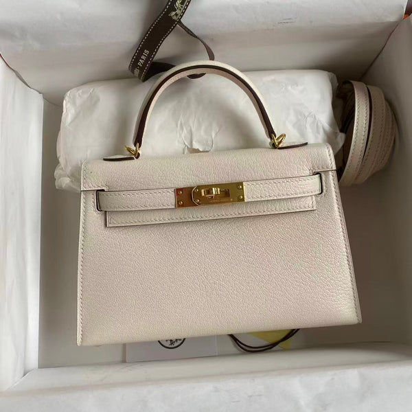 HM MINI KELLY 19CM OFF WHITE SWIFT GOLD HARDWARE