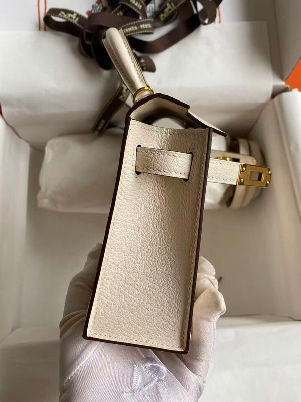 HM MINI KELLY 19CM OFF WHITE SWIFT GOLD HARDWARE