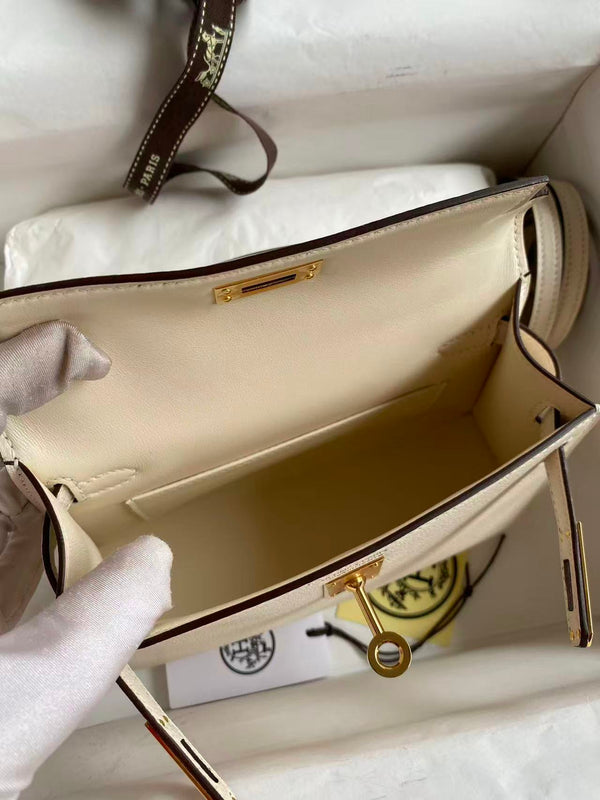 HM MINI KELLY 19CM OFF WHITE SWIFT GOLD HARDWARE