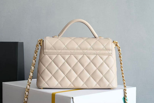 CC Small Top Handle Flap Bag Beige 22cm Lambskin Gold Hardware