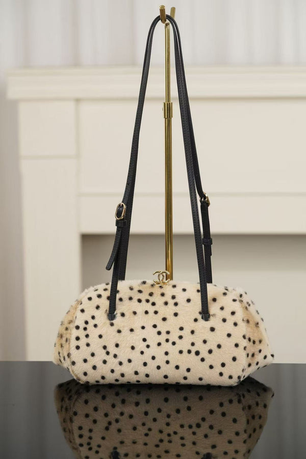CC 26A Handbag 29.5CM Dalmatian Print Ivory Black Shearling Leather
