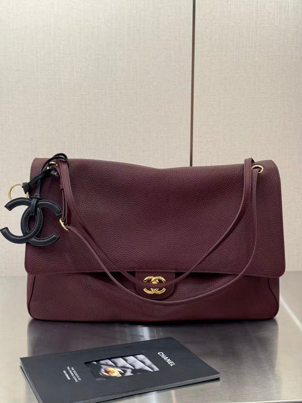 Chanel 2026 Maxi Flap Bag 38.5cm Dark Burgundy Calfskin Gold Hardware