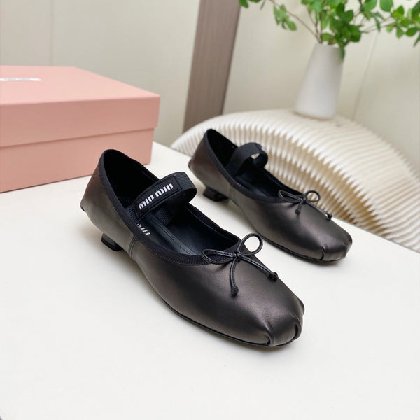 Miu Classic Bow Letter Ballet Black Calfskin