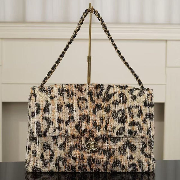 CC Maxi Flap Bag 38cm Brown Black Leopard Linen
