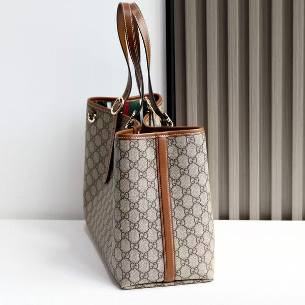 GG Emblem Maxi Tote Bag Beige Brown Monogram Coated Fabric
