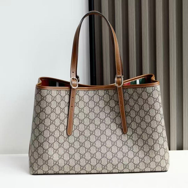 GG Emblem Maxi Tote Bag Beige Brown Monogram Coated Fabric