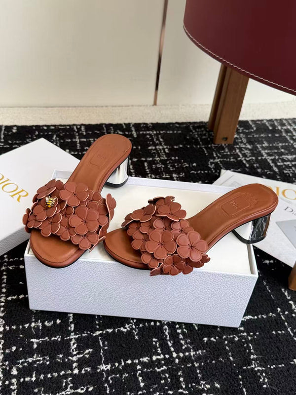 CD Bloom Mules 4.5CM Brown Leather Flowers Bee Accent 966854