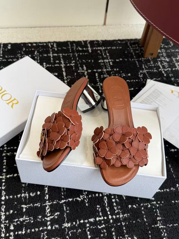 CD Bloom Mules 4.5CM Brown Leather Flowers Bee Accent 966854