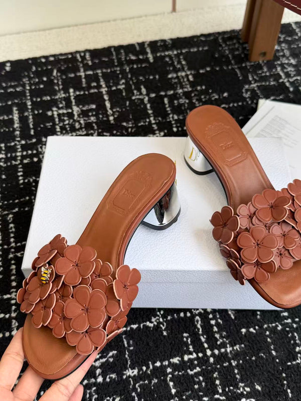 CD Bloom Mules 4.5CM Brown Leather Flowers Bee Accent 966854