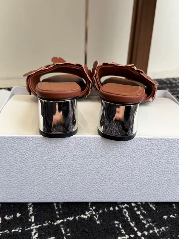 CD Bloom Mules 4.5CM Brown Leather Flowers Bee Accent 966854