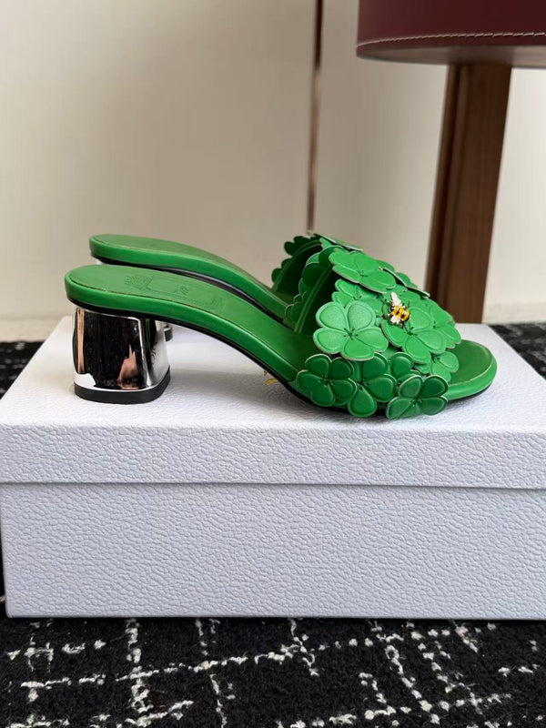 CD Bloom Mules 4.5CM Green Leather Flowers Bee Accent 966855