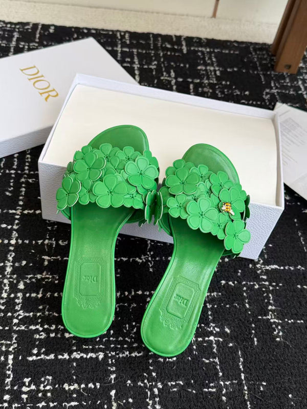 CD Bloom Mules 4.5CM Green Leather Flowers Bee Accent 966855