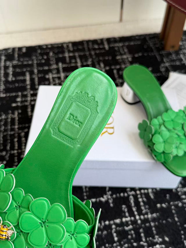 CD Bloom Mules 4.5CM Green Leather Flowers Bee Accent 966855
