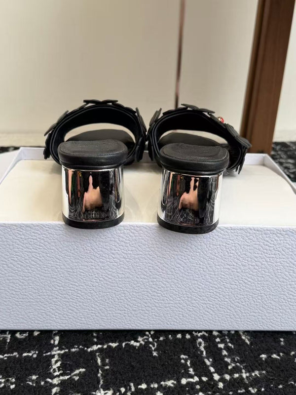 CD Bloom Mules 4.5CM Black Leather Flowers Bee Accent 966856