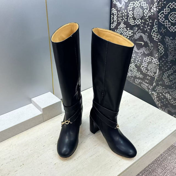 CD Michael Kors Hamilton Boots Gold Chain Buckle Black Leather