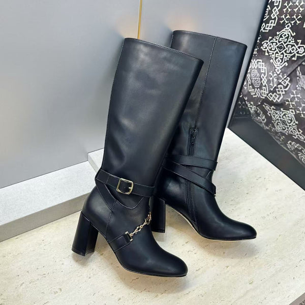 CD Michael Kors Hamilton Boots Gold Chain Buckle Black Leather