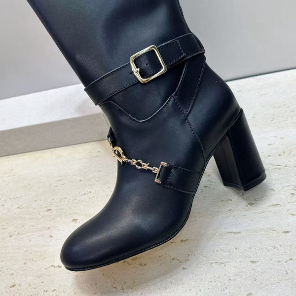 CD Michael Kors Hamilton Boots Gold Chain Buckle Black Leather
