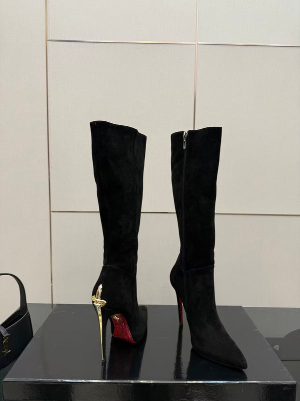CP Dagger Heel Knee-High Boots 12cm Black Suede