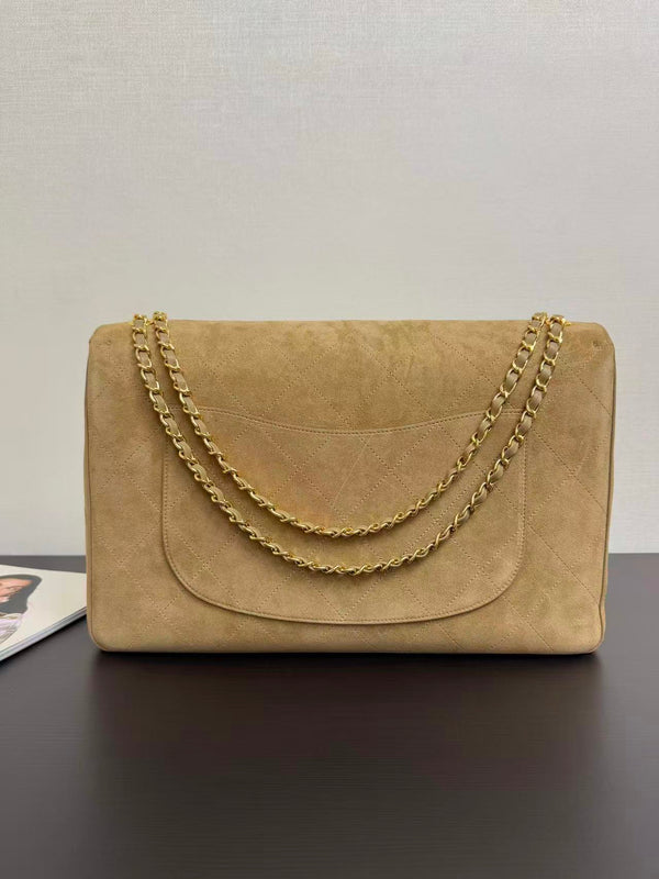 Chanel Maxi Flap Bag 38.5cm Beige Suede Leather