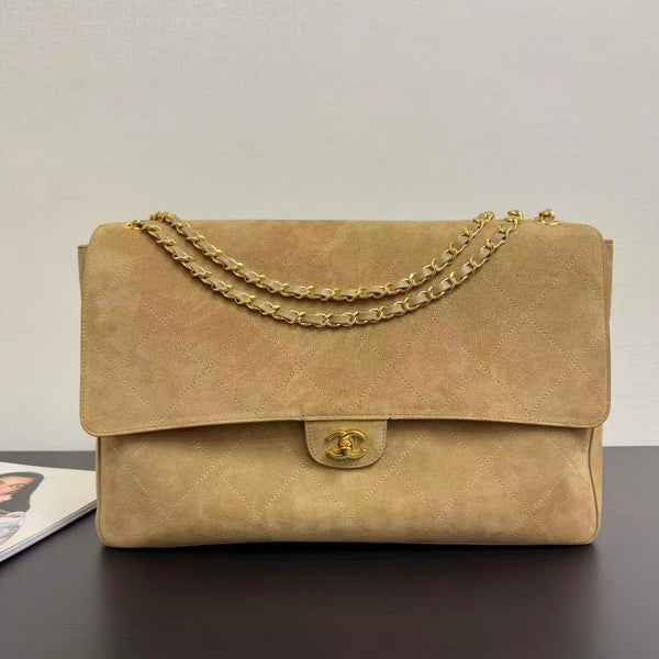 Chanel Maxi Flap Bag 38.5cm Beige Suede Leather