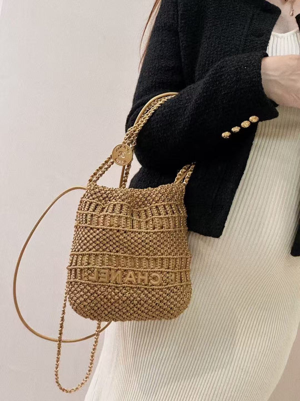 CC Metallic Macramé Mini Chanel Hobo Bag 23cm Gold Calfskin