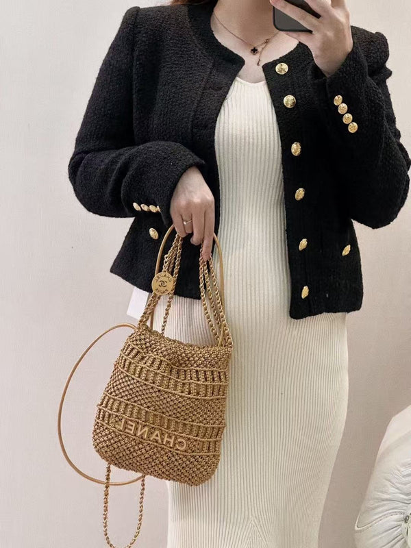 CC Metallic Macramé Mini Chanel Hobo Bag 23cm Gold Calfskin