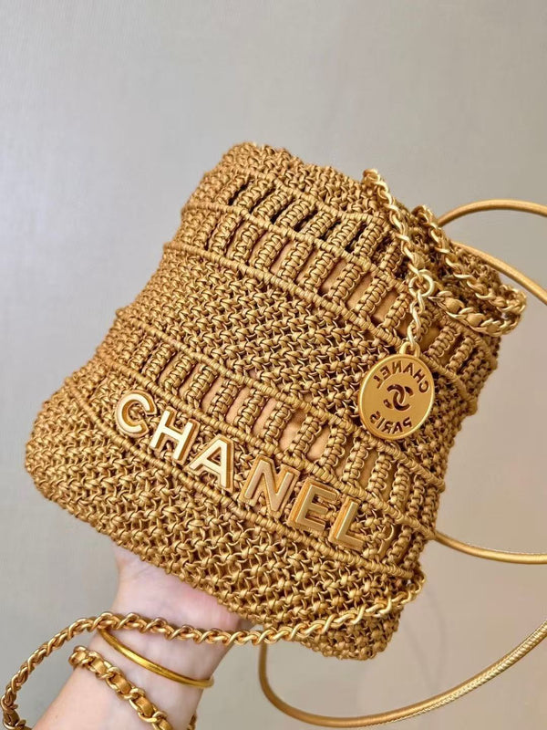 CC Metallic Macramé Mini Chanel Hobo Bag 23cm Gold Calfskin