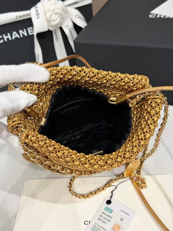 CC Metallic Macramé Mini Chanel Hobo Bag 23cm Gold Calfskin