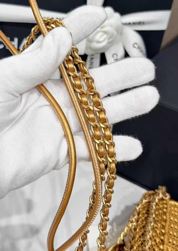 CC Metallic Macramé Mini Chanel Hobo Bag 23cm Gold Calfskin