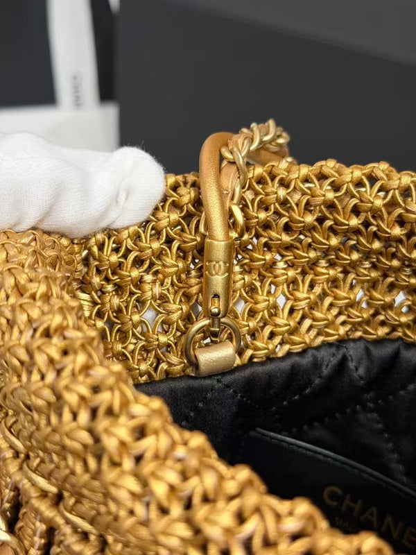 CC Metallic Macramé Mini Chanel Hobo Bag 23cm Gold Calfskin