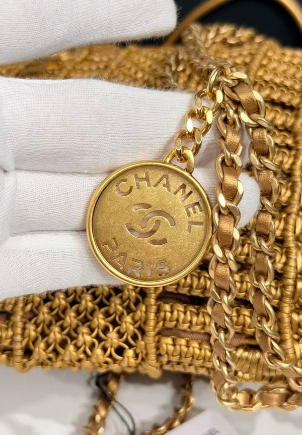 CC Metallic Macramé Mini Chanel Hobo Bag 23cm Gold Calfskin