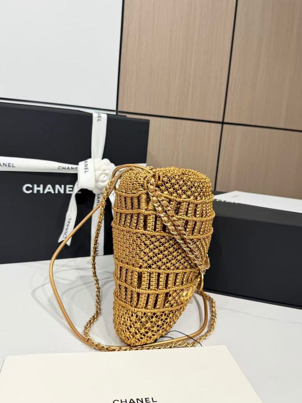 CC Metallic Macramé Mini Chanel Hobo Bag 23cm Gold Calfskin
