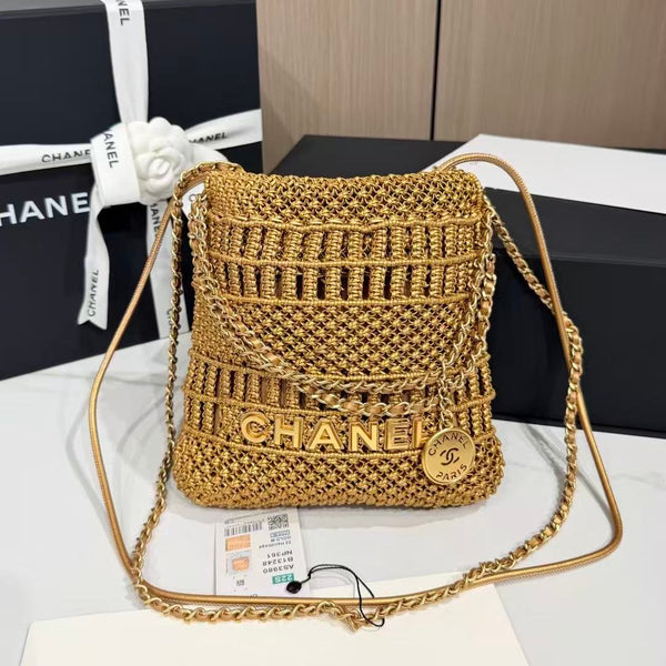 CC Metallic Macramé Mini Chanel Hobo Bag 23cm Gold Calfskin