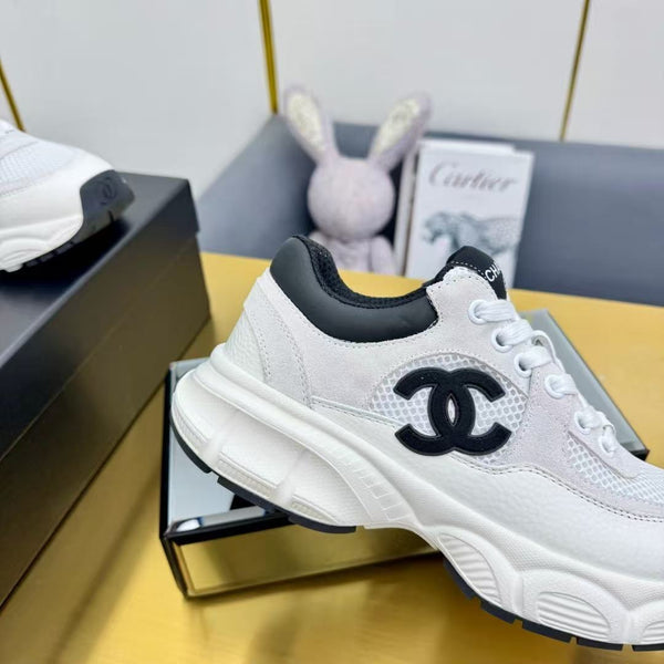 CC Chunky Sneakers White Black Mesh Leather