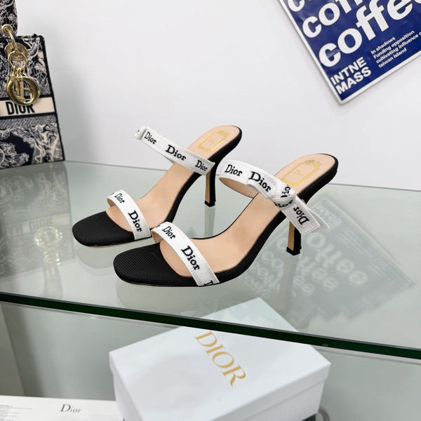 CD J’Adior High Heel Sandals 95mm Black and White Embroidered Fabric