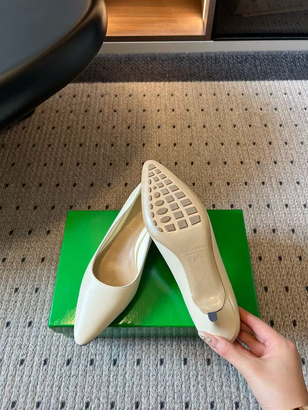 BV Pointed-Toe Kitten Heel Pumps Cream Leather