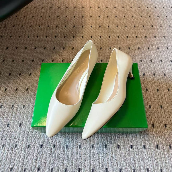 BV Pointed-Toe Kitten Heel Pumps Cream Leather