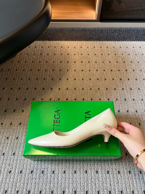 BV Pointed-Toe Kitten Heel Pumps Cream Leather