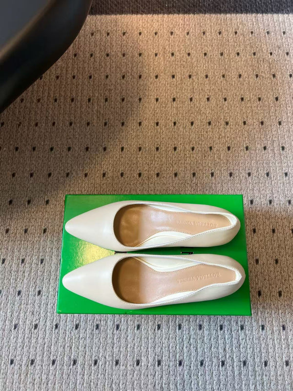 BV Pointed-Toe Kitten Heel Pumps Cream Leather