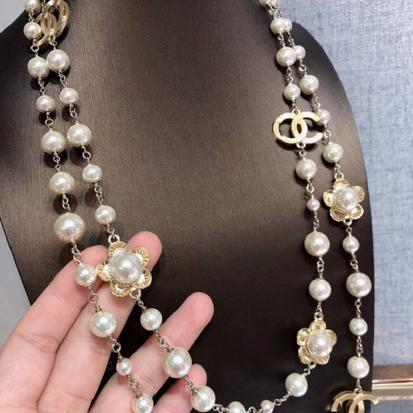 Pearl and Camellia CC Long Necklace