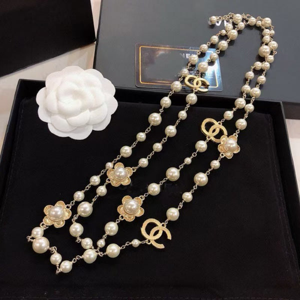 Pearl and Camellia CC Long Necklace