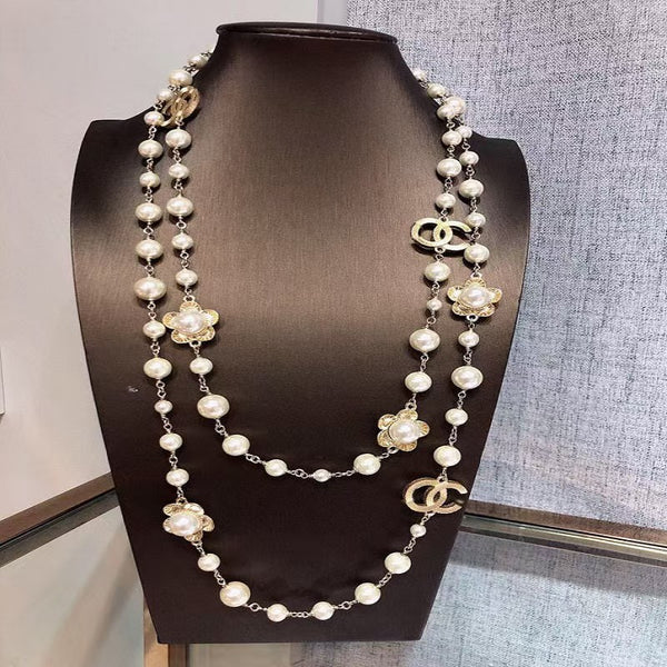 Pearl and Camellia CC Long Necklace