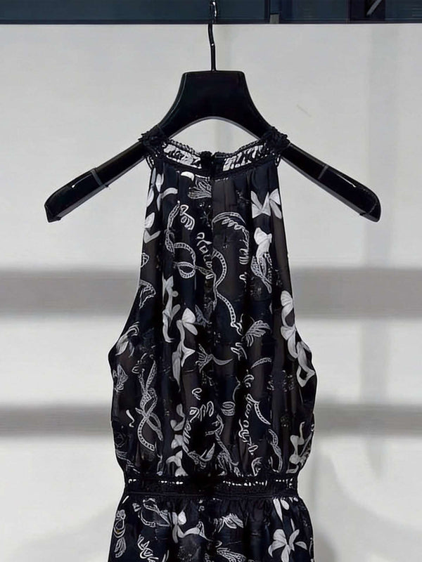CC Floral Print Tiered Halter Mini Dress Black Polyester