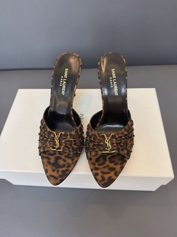 YSL Babylone Mules 8cm in Brown Leopard Grosgrain Fabric