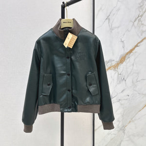 Miu 26S Bomber Jacket Dark Green PU Leather