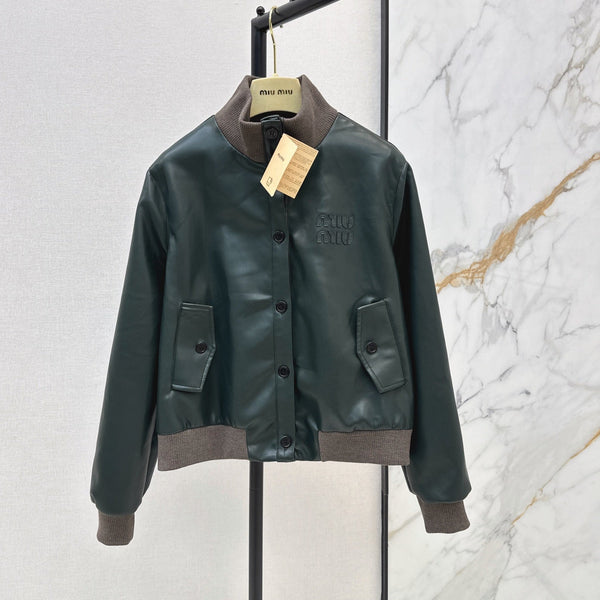 Miu 26S Bomber Jacket Dark Green PU Leather