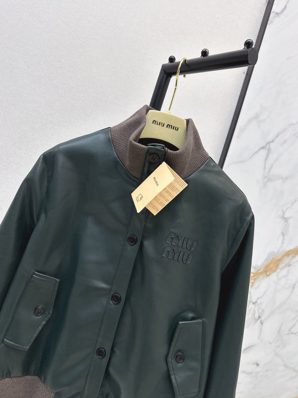 Miu 26S Bomber Jacket Dark Green PU Leather